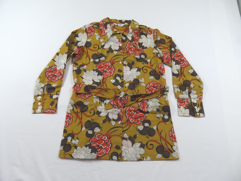 Carol Jue Hawaiian Shirt Belted Kimono Style Coat Belted Sz S-M? Tan Beige 1960s